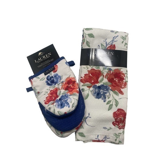 Lauren Ralph Lauren Home Kitchen Set NWT‎ 3 Red Blue Floral Towels 2 Mini Mitts - Picture 1 of 7